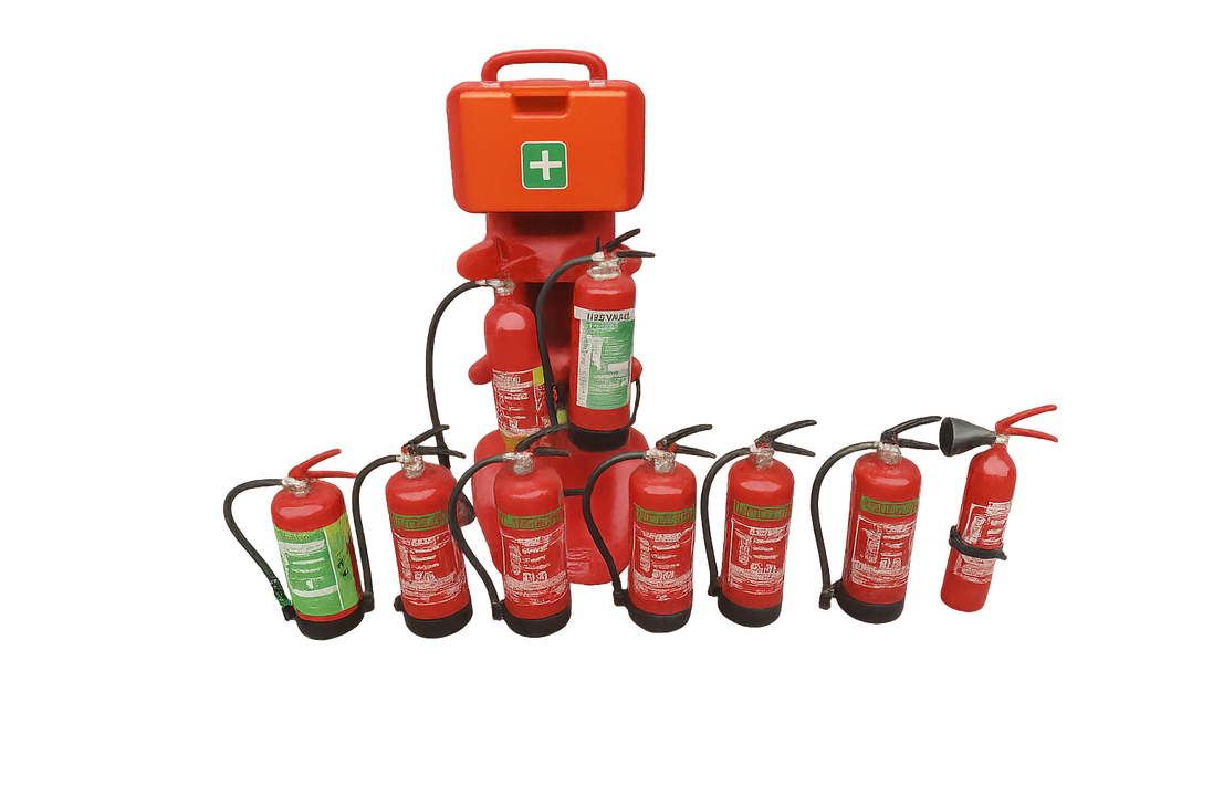 Rij brandblussers klaar voor gebruik